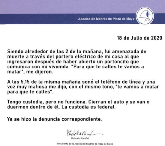 Comunicado Madres amenazas a Hebe 18 07 2020