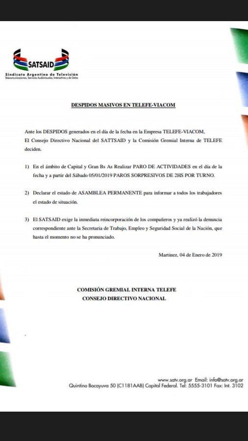 comunicado despidos en Telefé