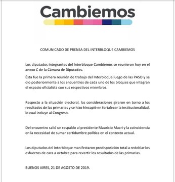 Comunicado Interbloque Cambiemos