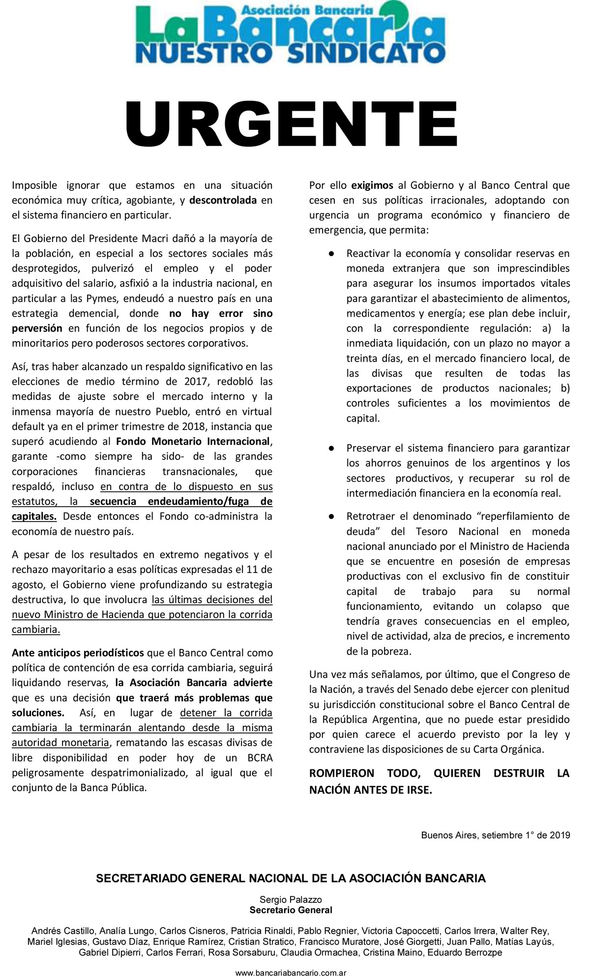 comunicado La Bancaria 1 09 2019