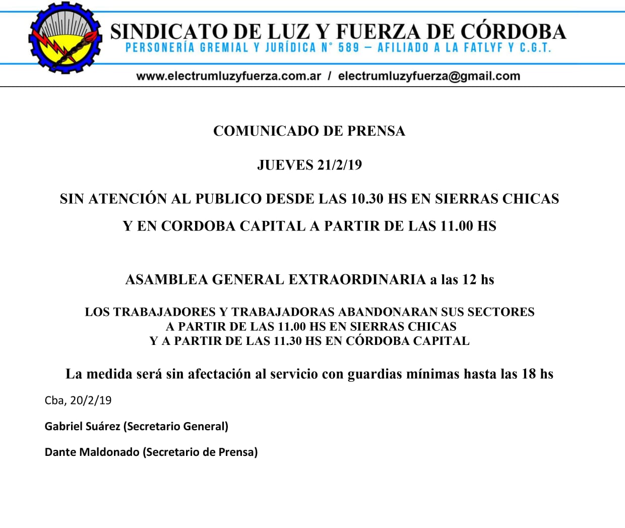 comunicado Luz y Fuerza