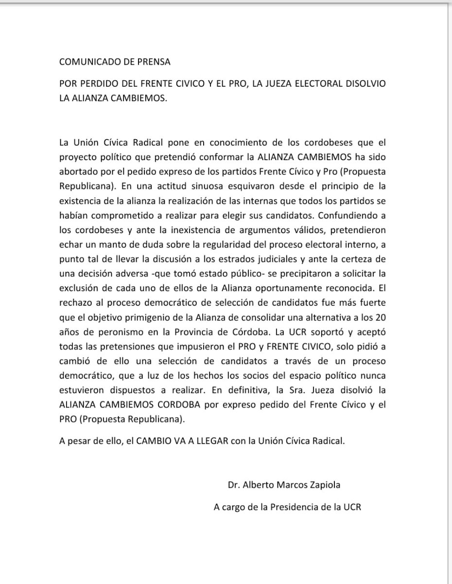 Comunicado UCR ruptura Cambiemos Cba