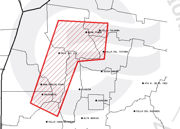 El mapa del área de cobertura del aviso por tormentas. Foto: SMN