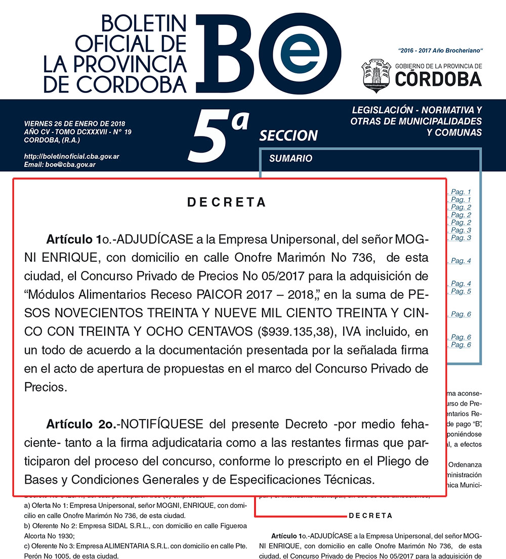 Decreto adjudicación alimentos paicor