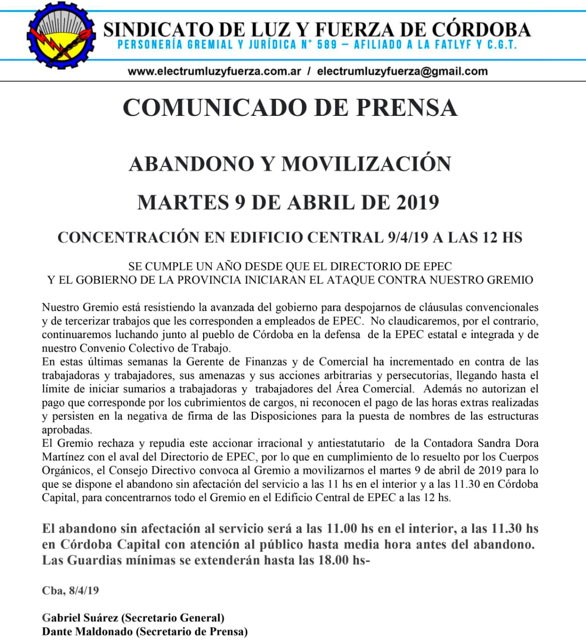 Comunicado Luz y Fuerza 