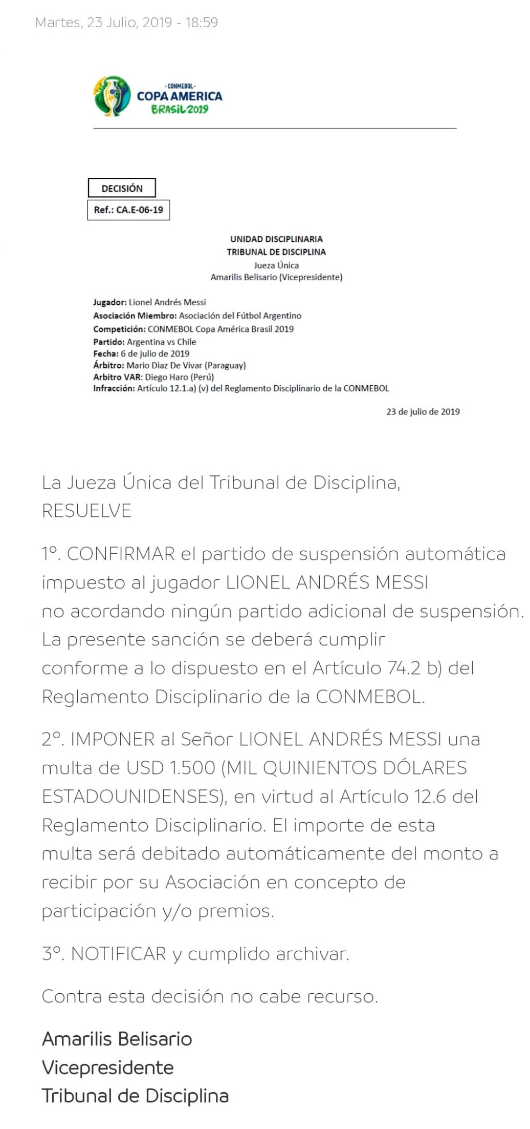 Fallo Messi Conmebol 23 07 2019