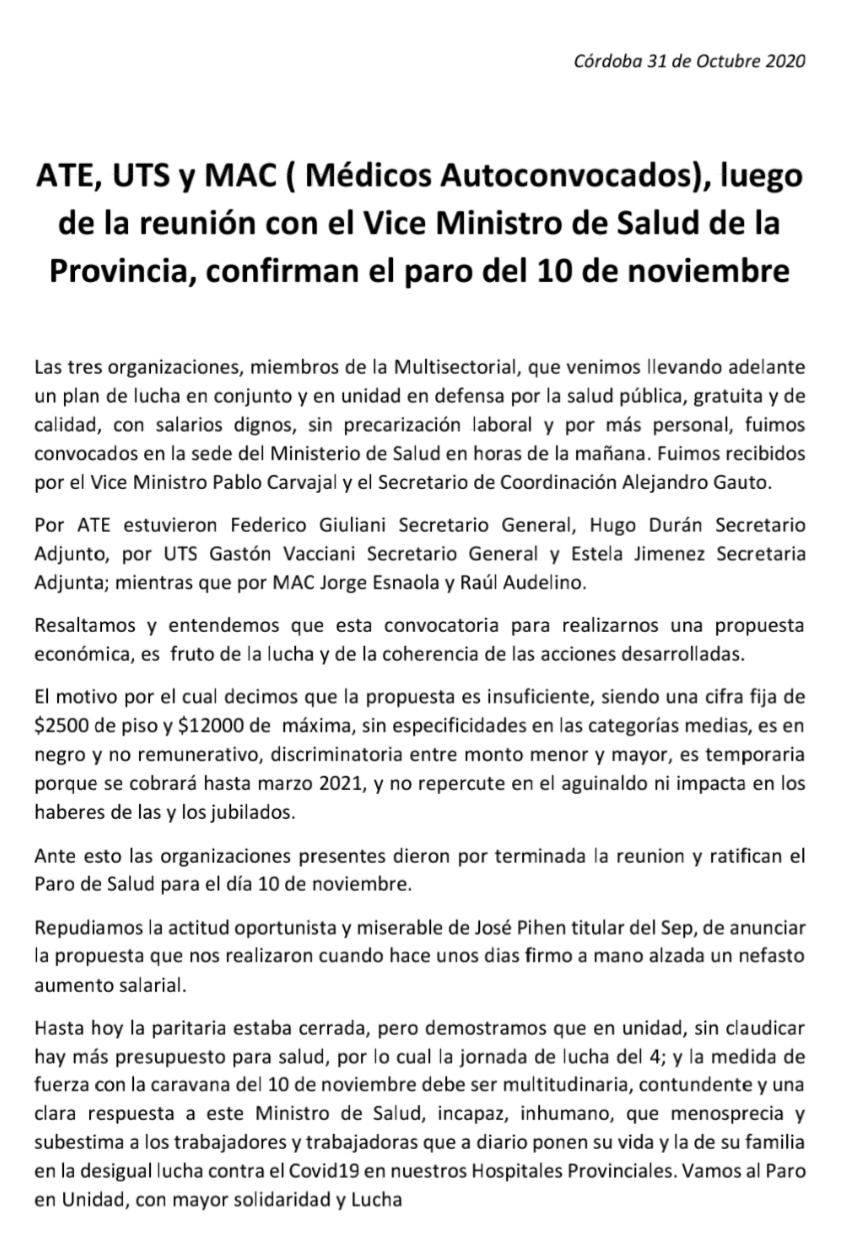 Comunicado ATE UTS Autoconvocados Paro 1011