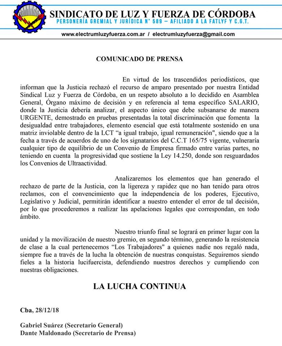 comunicado luz y fuerza