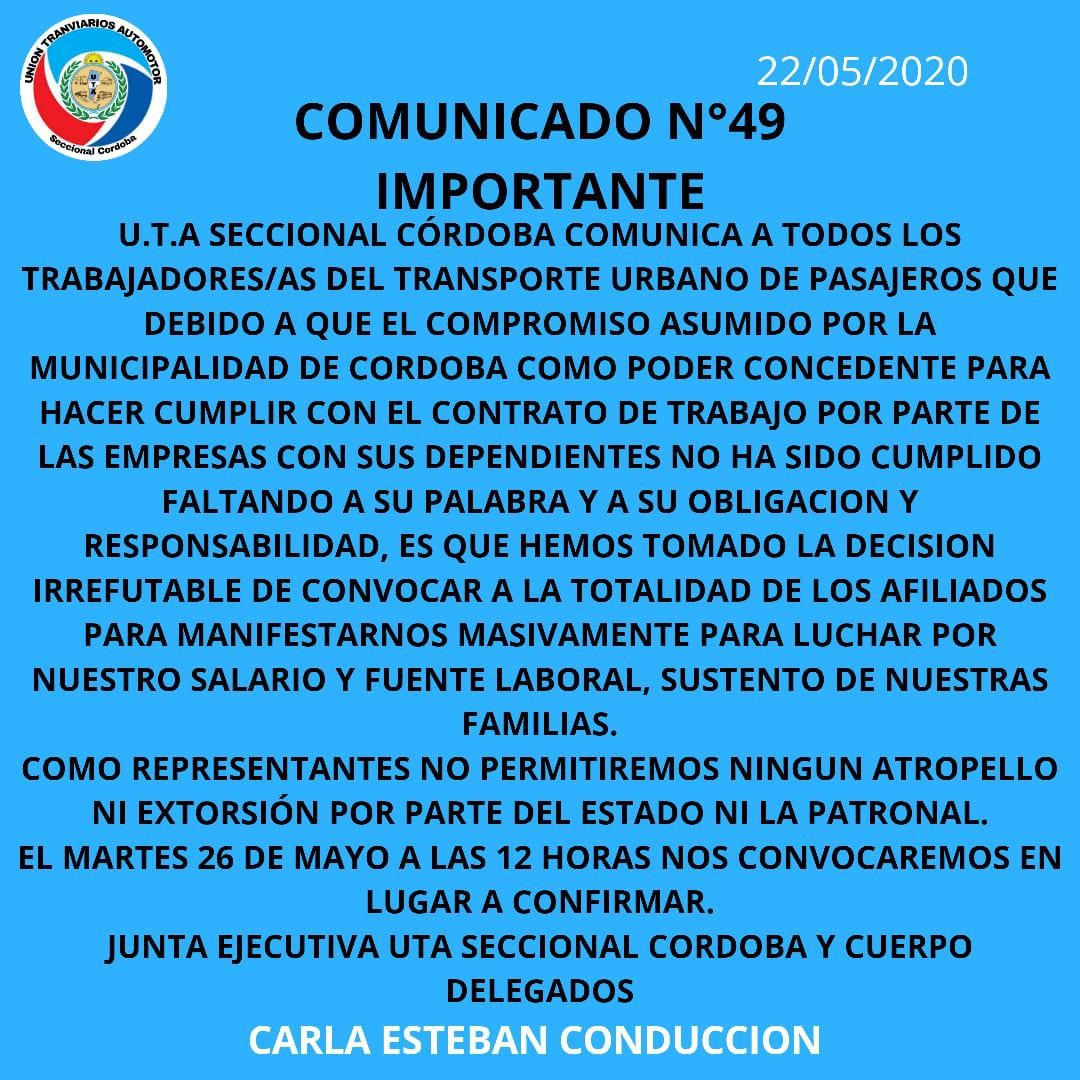 Comuncado UTA Cba 22 05 2020