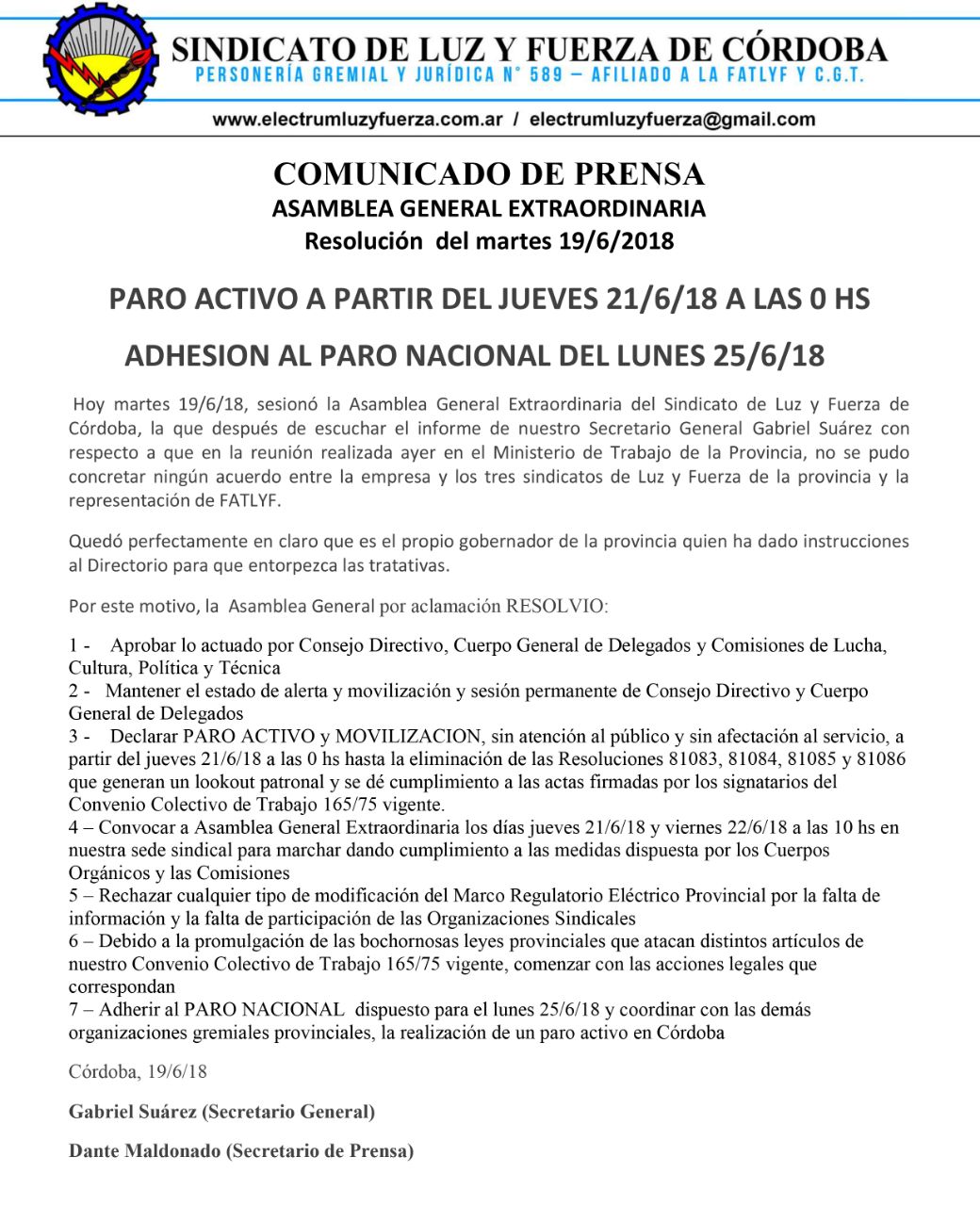 luz y fuerza comunicado
