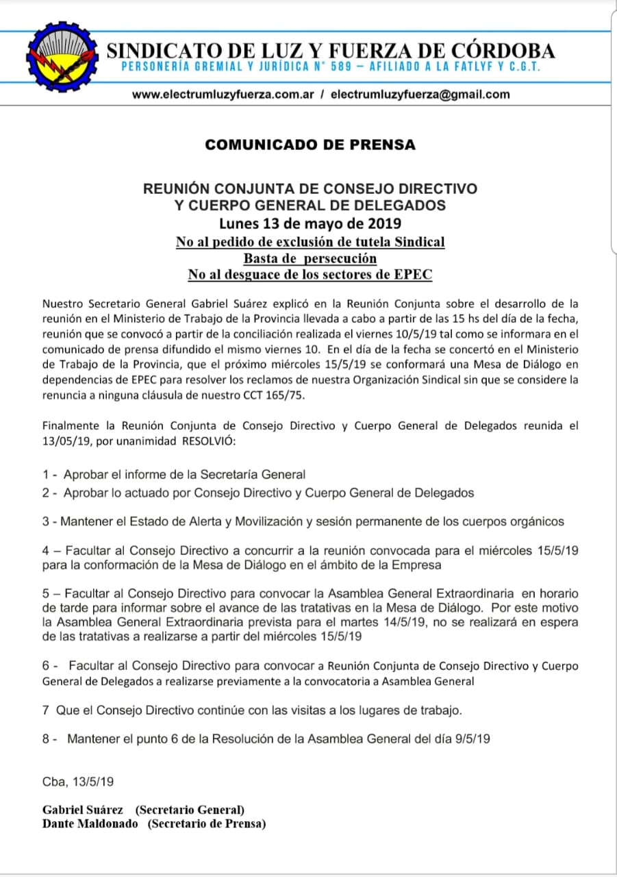 Comunicado de Prensa Luz y Fuerza 13 05 2019