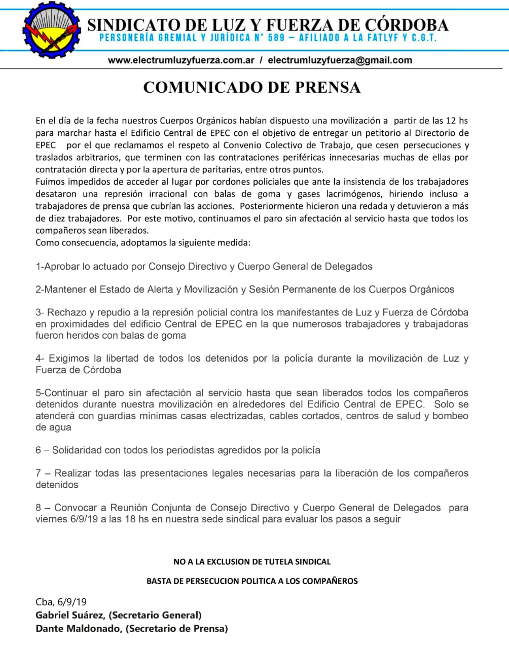 Comunicado Luz y Fuerza