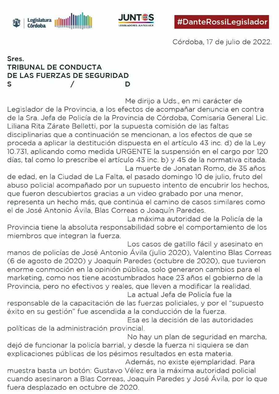 Denuncia de Dante Rossi hoja 1