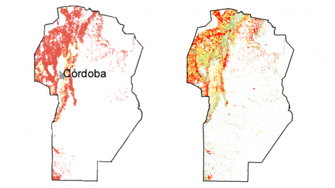 mapa bosques nativos1 Izquierda, mapa ordenamiento de los bosques nativos de Córdoba según el Ministerio de Ambiente de la Nación. Derecha, mapa de diciembre de 2016.