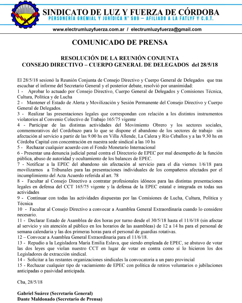 documento sindicato luz y fuerza marcha cordobazo