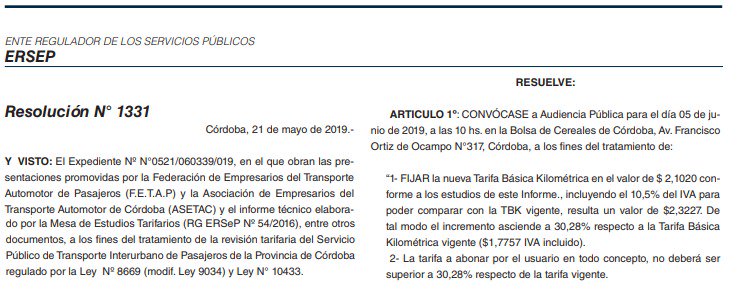 ersep aumento del interurbano boletín