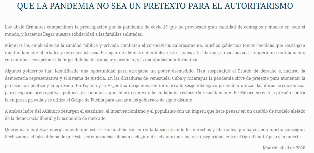 Comunicado Fundacion Internacional para la Libertad 25 04 2020