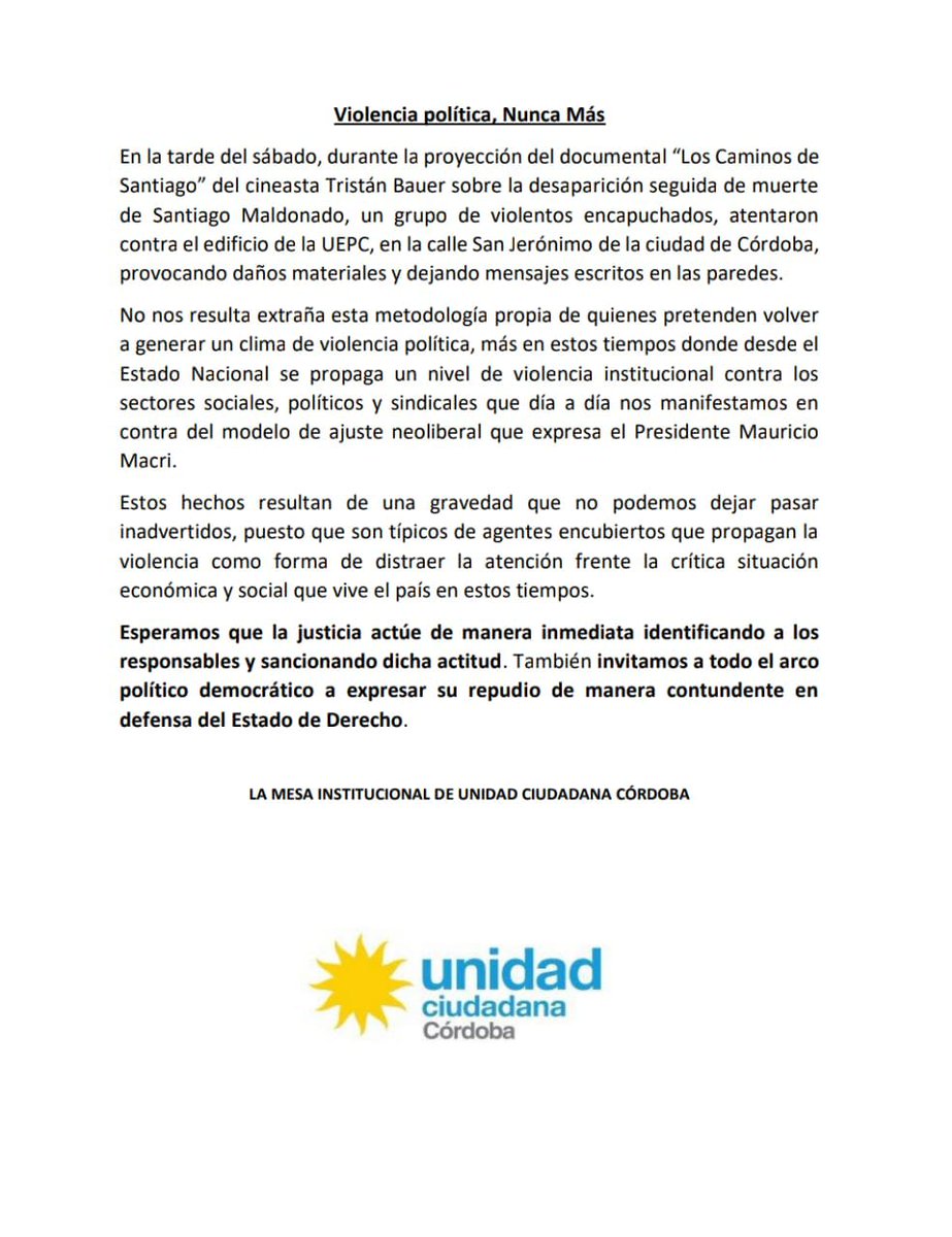 unidad ciudadana Córdoba repudio ataque camino de santiago