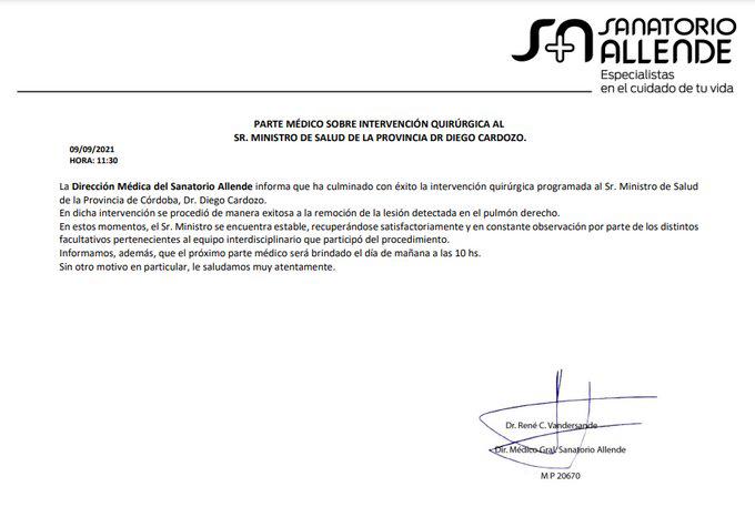 Parte médico Diego Cardozo 09 09 2021
