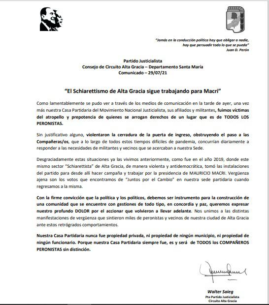 PJ Alta Gracia El Schiarettismo de Alta Gracia sigue trabajando para Macri