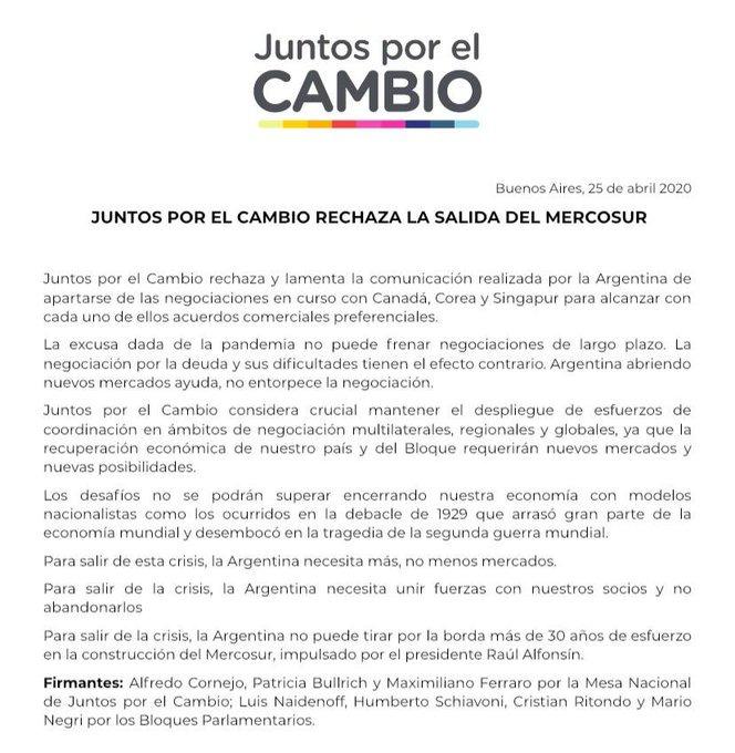 Comunicado Juntos por el Cambio Argentina Mercosur 25 04 2020