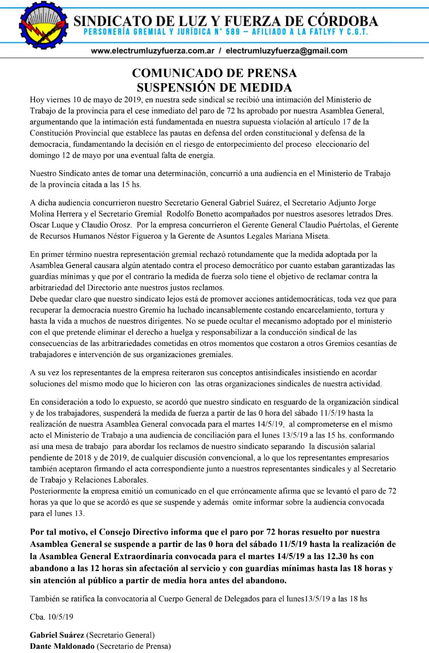 Comunicado Luz y Fuerza 10 05 2019