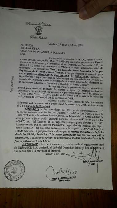 orden desalojo juarez celman