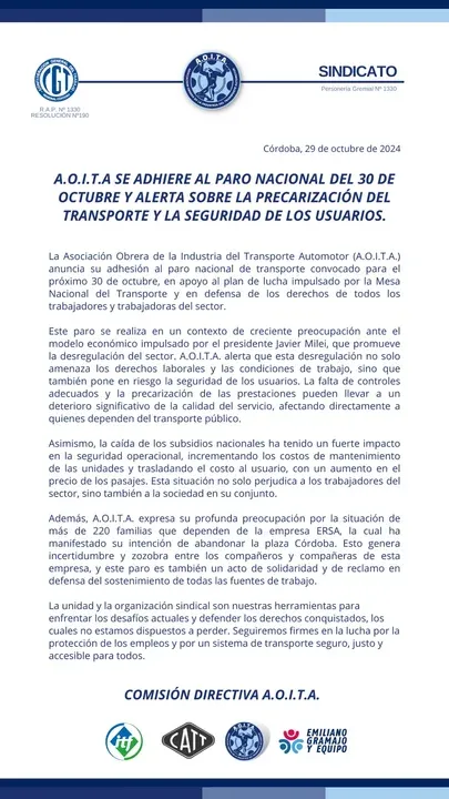 Comunicado de AOITA