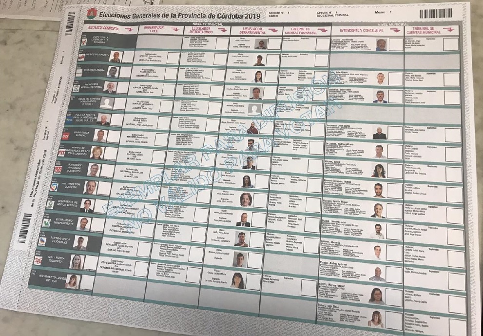 BOLETA UNICA DE SUFRAGIO ELECCIONES 2019 CORDOBA