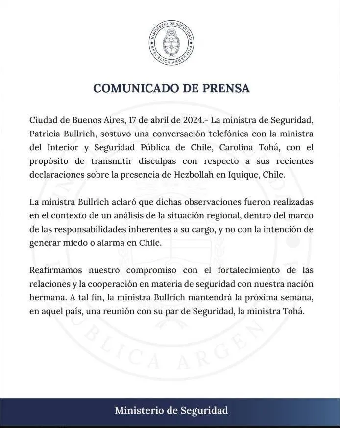 Comunicado Bullrich