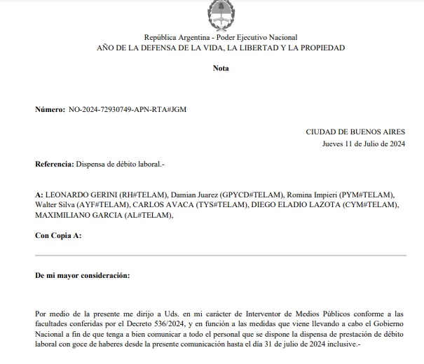 Dispensa para el personal de Telamd