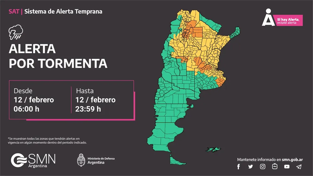 Alerta por tormentas 12 febrero SMN