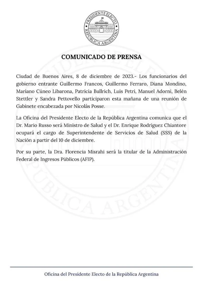 comunicado Ofic Milei